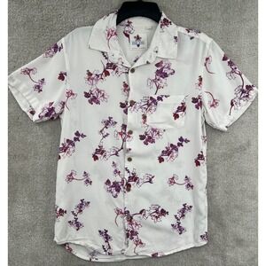 Urban Shores Floral Button Down Mens S White Viscose Short‎ Sleeve Shirt Coastal